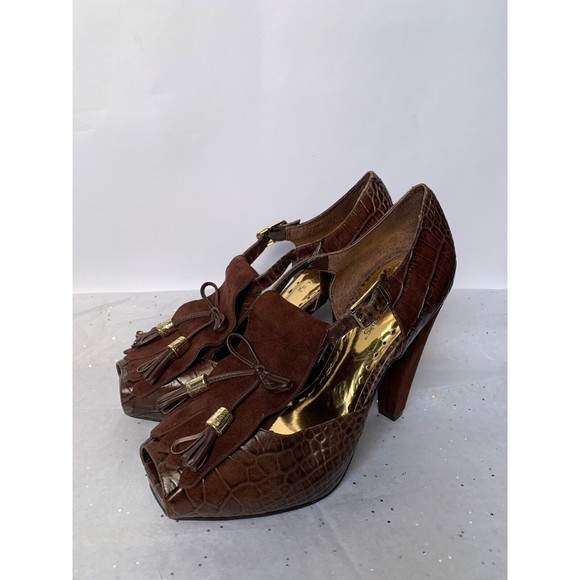 BCBG Brown Croc Embossed Platform Peep Toe Sandal Fringe Tassel - Size 7 Heels - Picture 6 of 16
